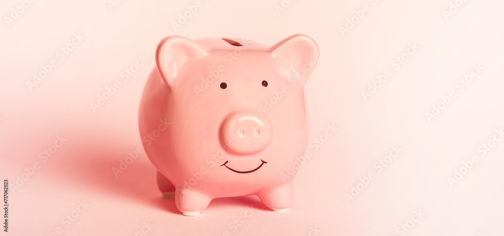 Cute pink piggy bank, close up view.