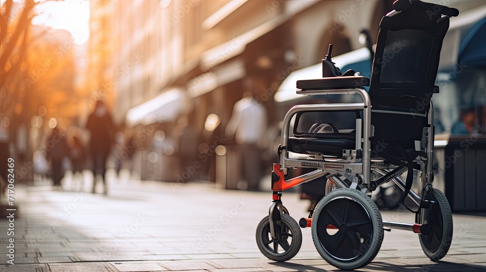 Obraz premium Close-up back view of a disabled person's stroller in the urban environment.