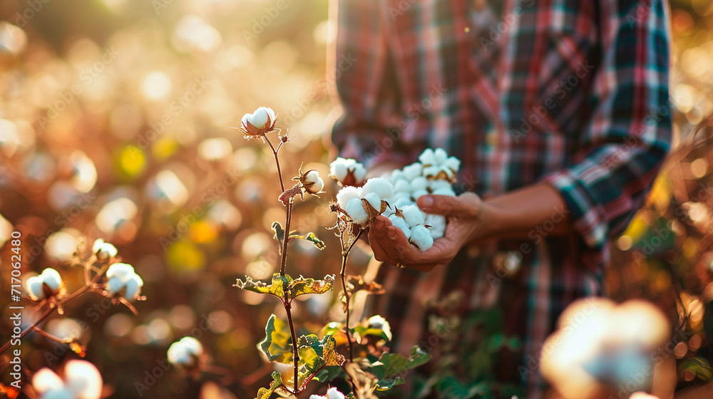 Farmer holding cotton flowers in the field. Selective focus. - obrazy, fototapety, plakaty 