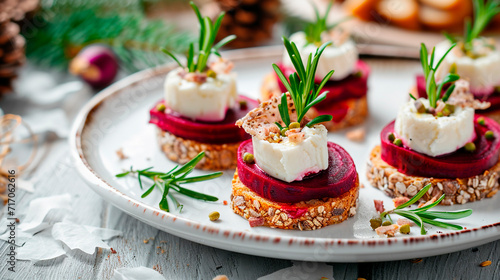 Bruschetta with beets and cheese. Selective focus.