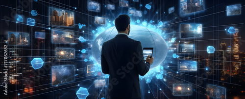 Businessman views digital images on a dark blue background  depicting world maps  intertwined networks  and a virtual world. Abstract concept of technology in business and network connections.