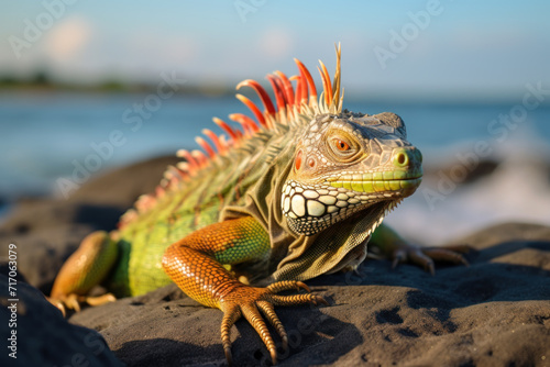 Vivid Green Iguana Basking on Sunlit Tropical Beach.