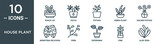 house plant outline icon set includes thin line peace lily, yucca, pothos, zebra plant, golden pothos, monstera deliciosa, fern icons for report, presentation, diagram, web design