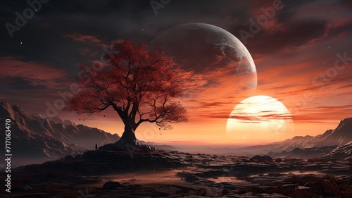 Beautiful landscape picture with a tree and a planet inside the desert Generated by AI Art