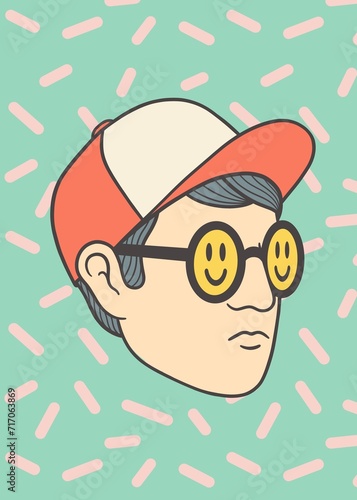 Illustration of a man with a cap wearing glasses with smiley on it (ID: 717063869)