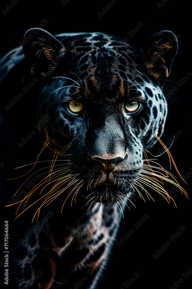 Black panther portrait on a black background. Selective focus.