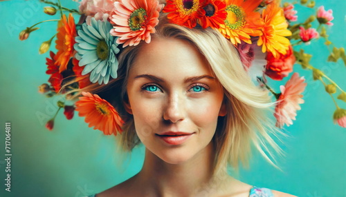 Surreal abstract woman portrait with flowers over head. Bright summer colors 