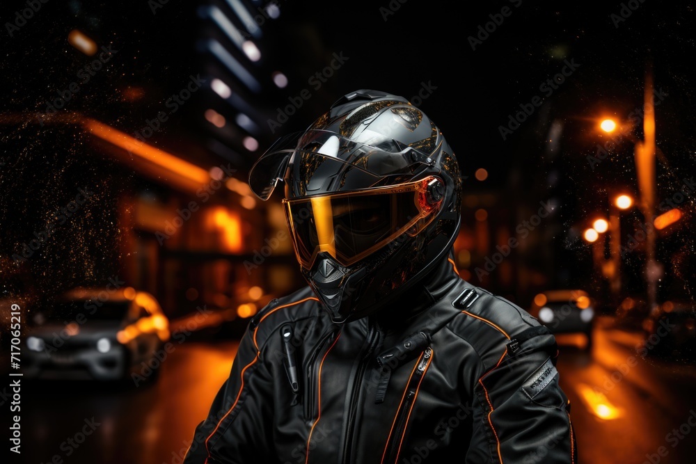 The driver of a sports fast motorcycle in a helmet night view in city Generative AI The driver of a sports fast motorcycle in a helmet night view in city Generative AI
