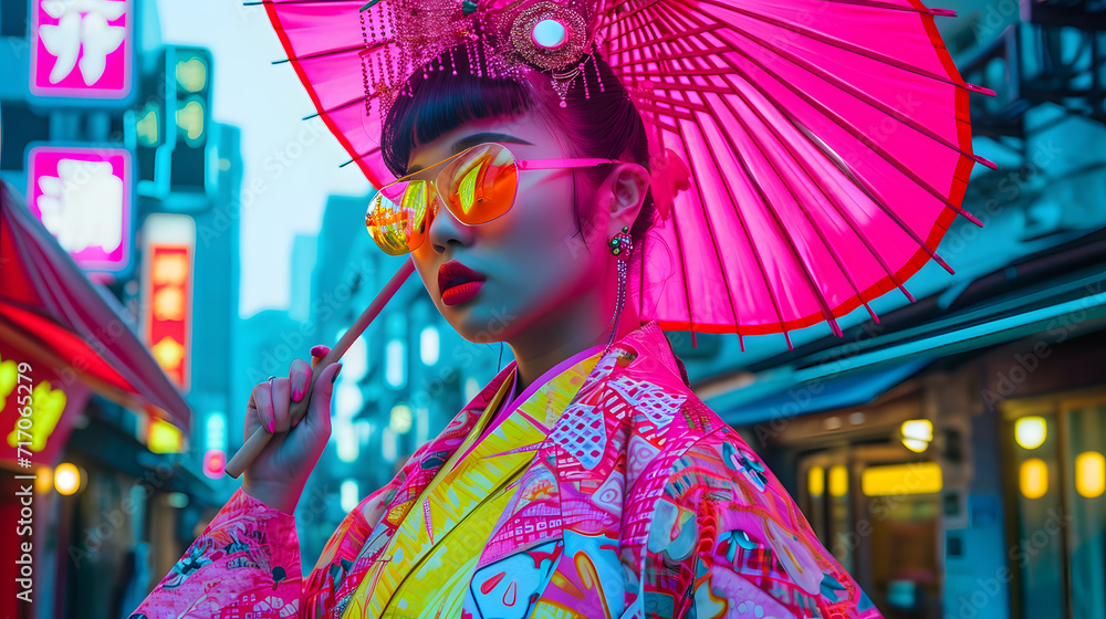 Obraz premium Beautiful woman wearing pink and yellow kimono, in the style of futuristic pop, street pop art