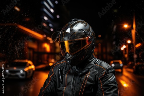 The driver of a sports fast motorcycle in a helmet night view in city Generative AI