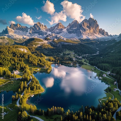 Aerial view of Lago Antorno, Dolomites, Lake mountain landscape with Alps peak , Misurina, Cortina d'Ampezzo, Italy Aerial view of Lago Antorno, Dolomites, Lake mountain landscape with Alps peak , Mis photo