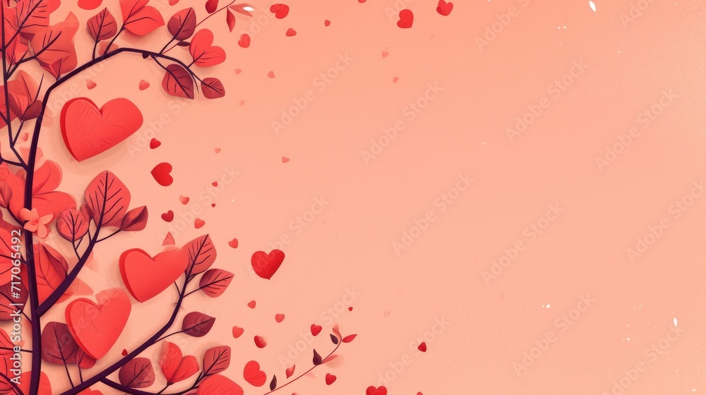 Valentine's day background with red hearts and branches on pink background