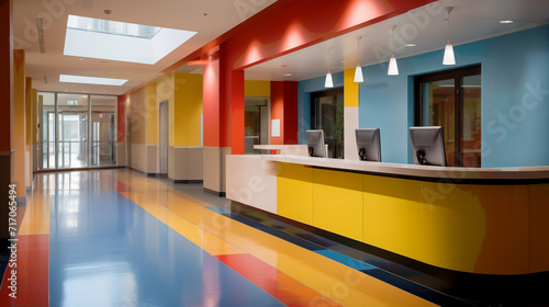 Vibrant Hallway in children's hospital With Check-In Counter in Bright Colours photo