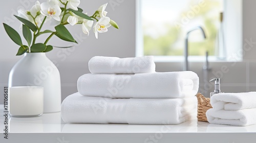 White Towels in the bathroom with copy space blurred bathroom background. For product display montage.