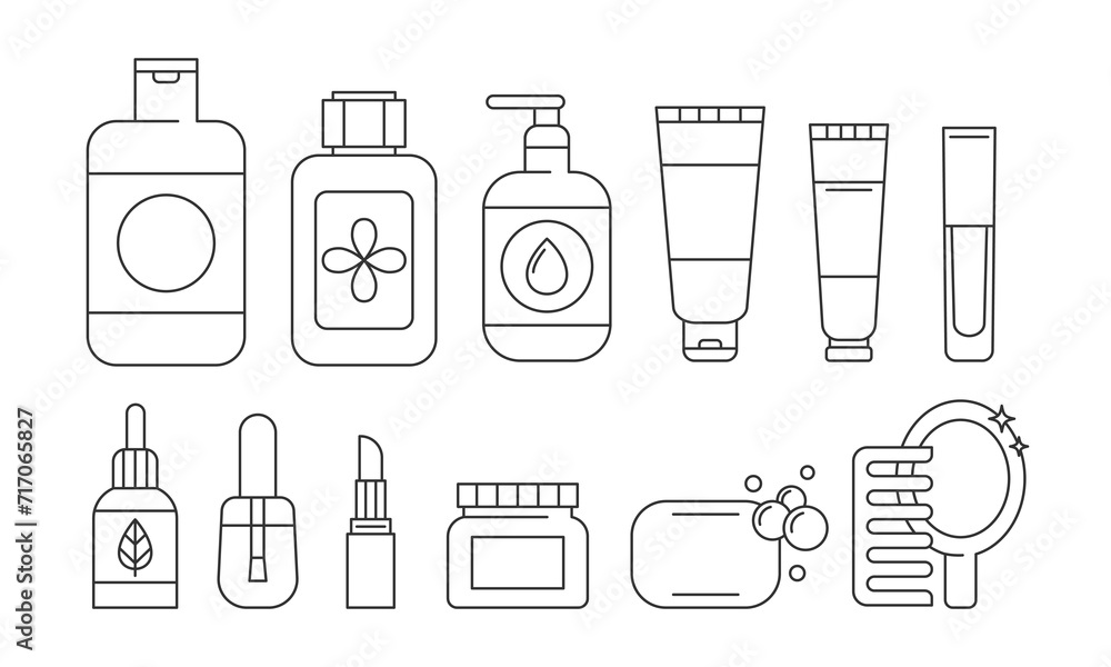 Skin,body,hair care line icons set.Makeup illustration sign collection.Various different cosmetic products. Packaging in different shapes for skincare products. Editable Stroke. Vector illustration Skin,body,hair care line icons set.Makeup illustration sign collection.Various different cosmetic products. Packaging in different shapes for skincare products. Editable Stroke. Vector illustration