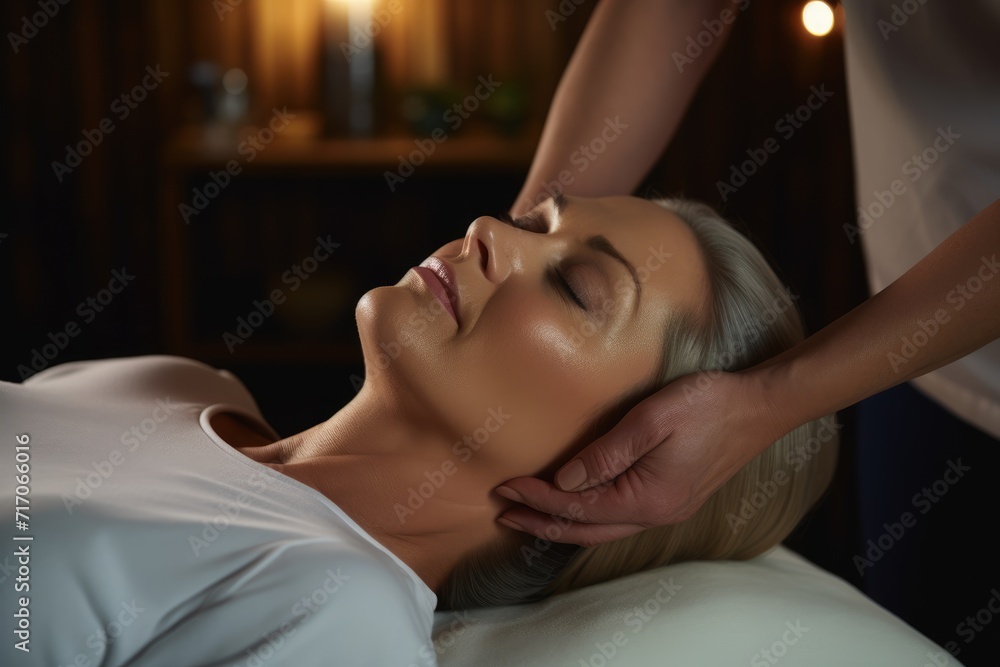middle aged woman experiences deep relaxation during a therapeutic massage in a dimly lit spa, her contentment palpable in the serene ambiance middle aged woman experiences deep relaxation during a therapeutic massage in a dimly lit spa, her contentment palpable in the serene ambiance