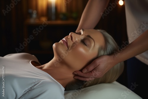 middle aged woman experiences deep relaxation during a therapeutic massage in a dimly lit spa, her contentment palpable in the serene ambiance