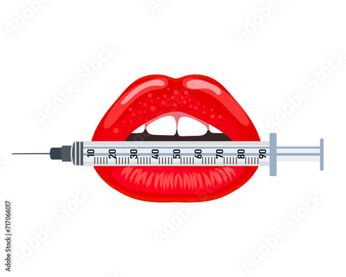 Lips holding a syringe. Beauty concept of lips, lip filler. Medical icon, cosmetology logo. Illustration, vector