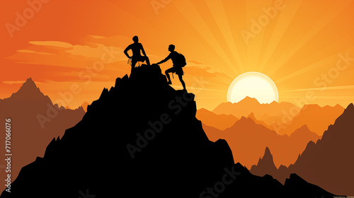 Illustration of silhouettes of two climbers reaching the top. Standing on top of a mountain in the silhouette of a sunset. AI generated.
