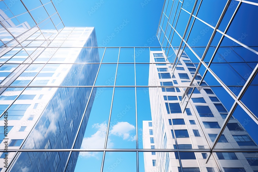 Obraz premium illustration of a modern skyscraper with windows reflecting the sky and buildings on a bright day
