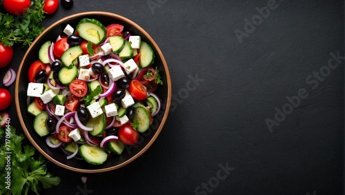 Top view of Greek salad on blank black background, copy space, can be used for advertising Greek salad photo