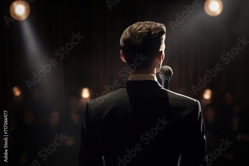 Rear view of a businessman standing in front of stage lights. Rear view of motivational businessman standing on stage in front of audience for speech. public speaker, lecturer.