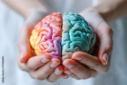 closeup human brain model in pastel colors in lying half sideways in female hands. mental health or disorder concept photo