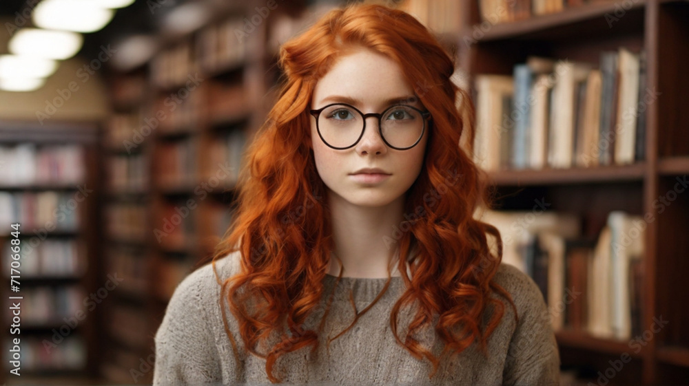 Portrait of redhead nerd student, with curly hair, wearing reading glasses in the library Portrait of redhead nerd student, with curly hair, wearing reading glasses in the library