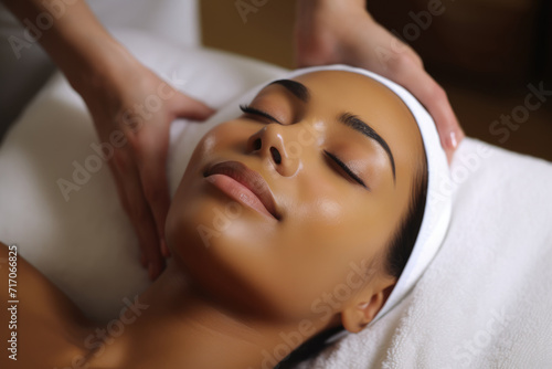 woman experiences deep relaxation during a spa facial massage, her serene expression reflecting the ultimate in self care and tranquility