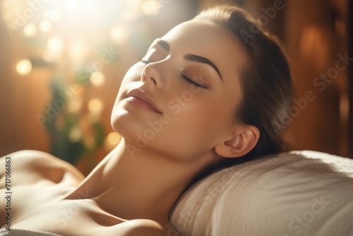 woman lies in repose  her eyes closed  bathed in the golden light that softly illuminates a spa sanctuary  creating an aura of deep relaxation