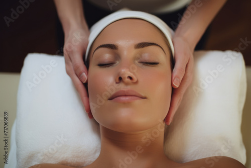 woman relaxes during a facial massage at a spa, her expression serene, evoking a sense of tranquility and self care