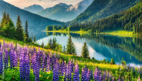 Fioletowy łubin nad jeziorem w górach, krajobraz  photo
