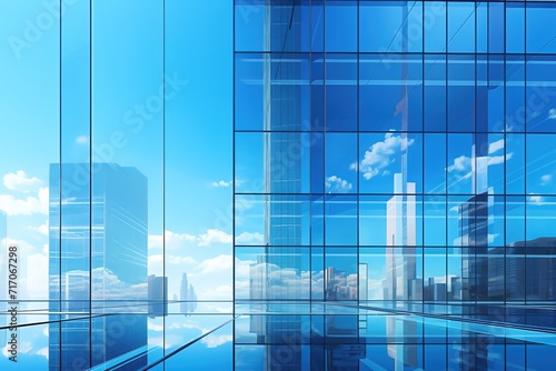 abstract illustration of a modern skyscraper with geometrically crazy windows reflecting the cloudy sky and buildings on a bright day