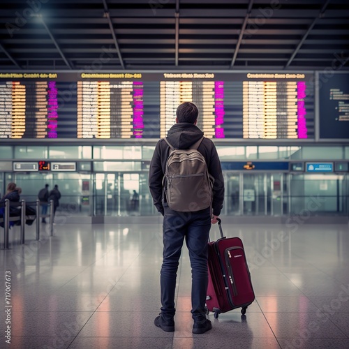 Man with a backpack, facing away, looking at a departure and arrival board at an airport. Backpacker  male.
Travel concept photo