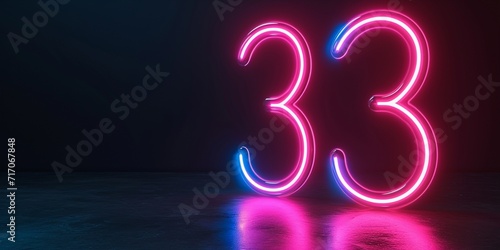 3d render, number thirty three glowing in the dark, pink blue neon light, concept of 33 birthday.