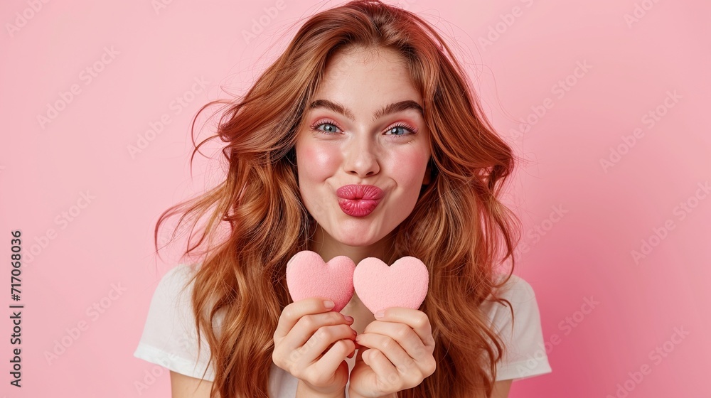 Portrait of nice-looking attractive lovely cheerful wavy-haired girl holding in hands two small little heart healthy life lifestyle isolated on pink background Portrait of nice-looking attractive lovely cheerful wavy-haired girl holding in hands two small little heart healthy life lifestyle isolated on pink background