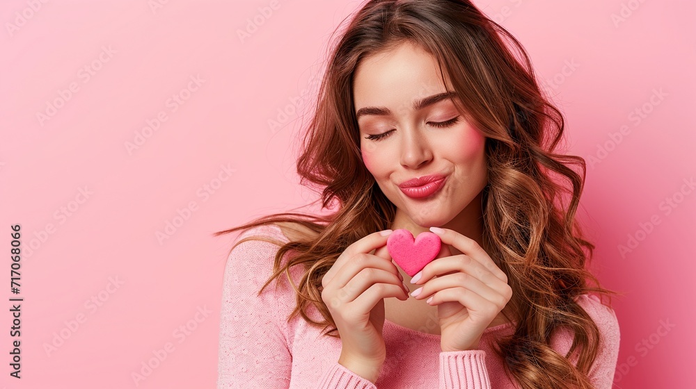 Portrait of nice-looking attractive lovely cheerful wavy-haired girl holding in hands a small little heart healthy life lifestyle isolated on pink background Portrait of nice-looking attractive lovely cheerful wavy-haired girl holding in hands a small little heart healthy life lifestyle isolated on pink background