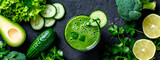 smoothie with green vegetables, fruits and chia. Selective focus.