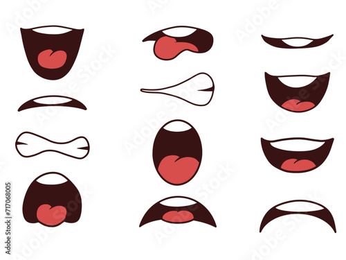 A set of smiles and mouths with pronunciation of foreign language sounds. The character smiles, screams, growls, sings, gets angry, sad and offended. vector isolated on white