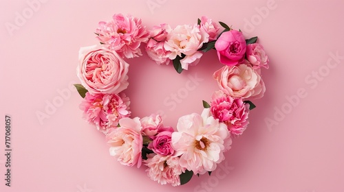 Heart shaped pink roses and peony flowers wreath isolated on pastel pink background.