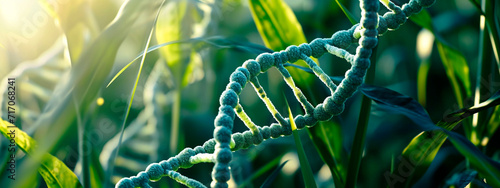DNA on a background of green plant leaves. Selective focus.