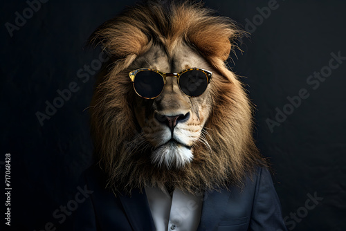 Lion wearing suit and sunglasses. dangerous businessman