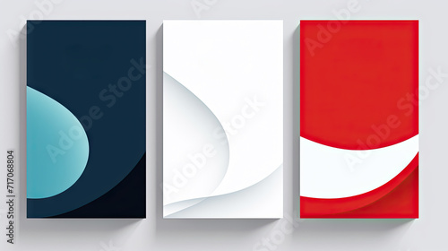 Three vertical banners with a red, white, and blue design. Minimal covers set,  creative book cover.