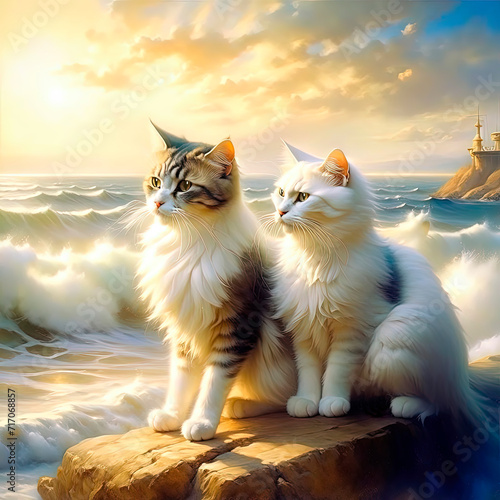 Two cat buddies are sitting against the backdrop of a seascape