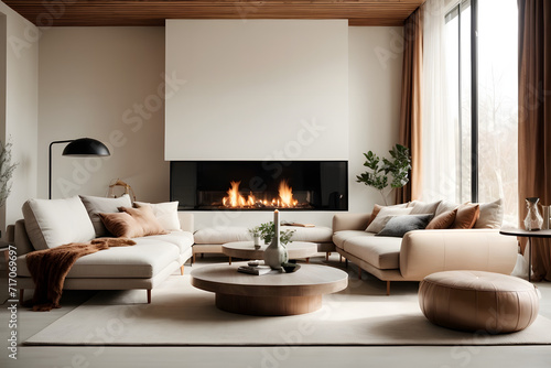 Scandinavian style minimalist house with modern large living room  light walls  armchair and fireplace