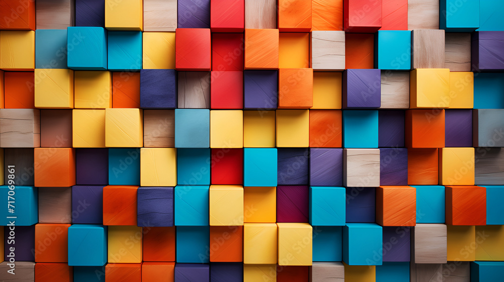 Colorful wood block stack on the wall for background, Abstract colorful wood texture. Generated AI - obrazy, fototapety, plakaty 
