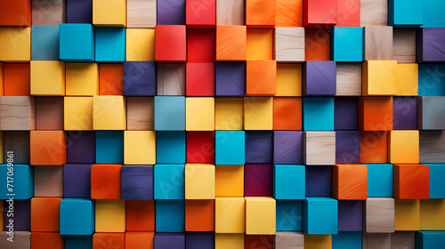 Colorful wood block stack on the wall for background, Abstract colorful wood texture. Generated AI photo