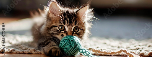 the cat plays with a ball of thread. Selective focus. photo