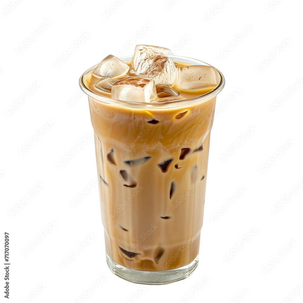 Iced coffee with cold foam isolated on transparent background, delicious iced latte coffee drink in glass cup with ice cubes and cream topping Iced coffee with cold foam isolated on transparent background, delicious iced latte coffee drink in glass cup with ice cubes and cream topping