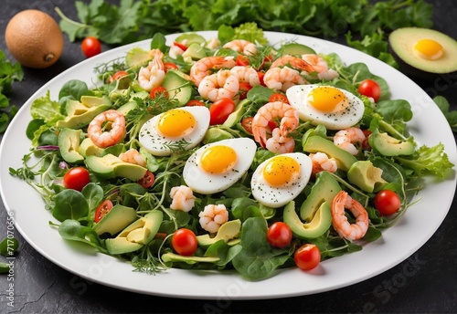 A bowl of salad with a mixture of green leaves and vegetables with avocado or eggs, chicken and shrimp.